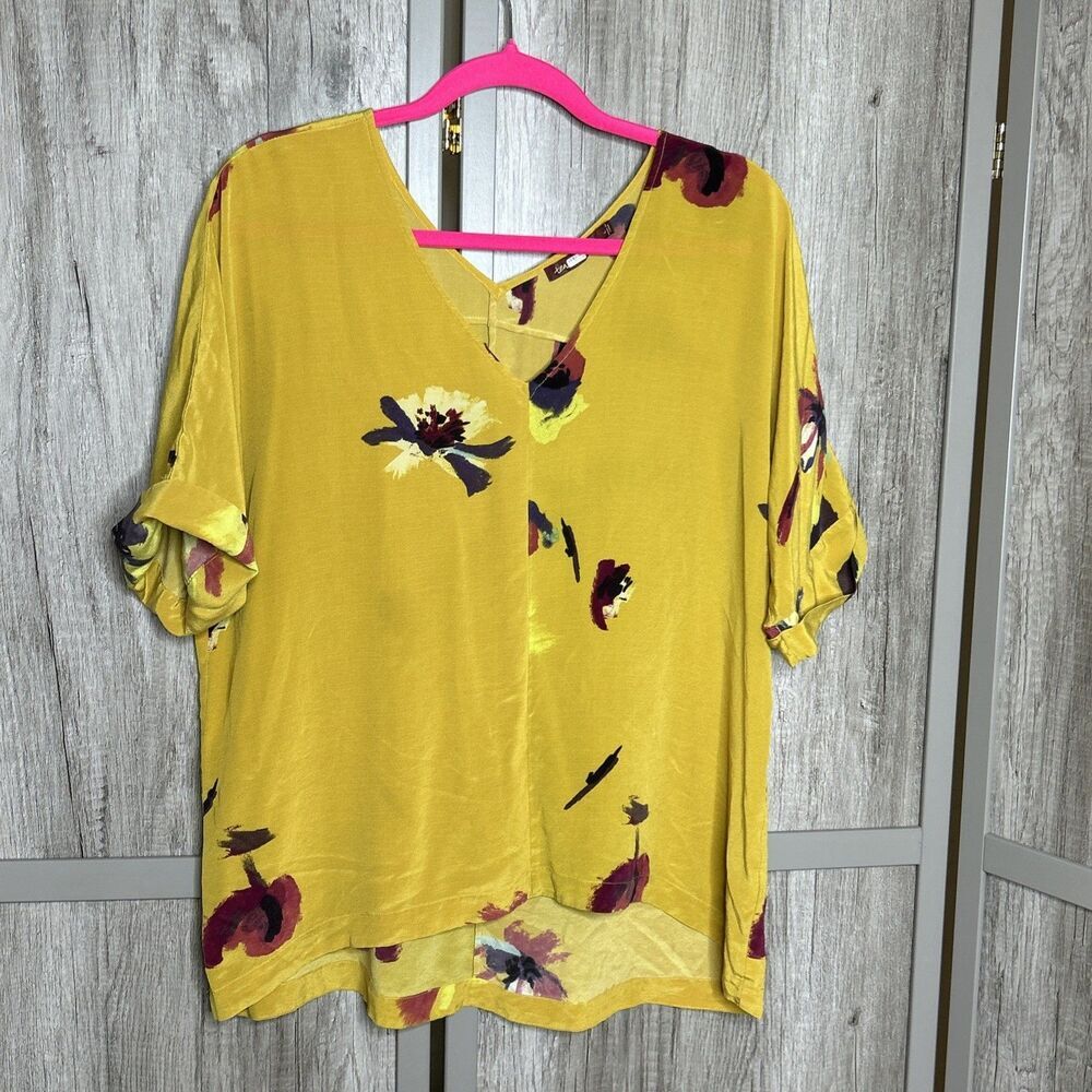 Tea Silk Top Floral Print Short Sleeves Tunic Size L